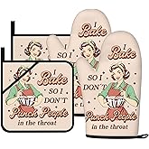 Funny Oven Mitts for Women Humorous Pot Holder Set Fun Kitchen Gadgets Baking Gifts for Women Retro Humor Cooking Housewarming Presents for Wife Mom Sister (Red & Green, Oven Mitts & Pot Holders)