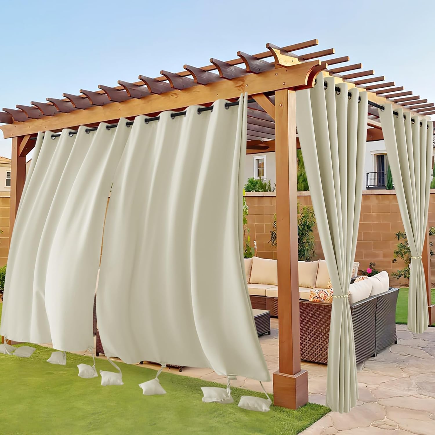 Outdoor Curtains - RYB HOME Extra Wide Outdoor Curtains Windproof, Blackout Waterproof Neighbor Privacy Outside Curtains for Patio Pergola Pool Hut Screen Porch Outside Deck, W 84 x L 84 inch, Cream Beige, 2 Panels