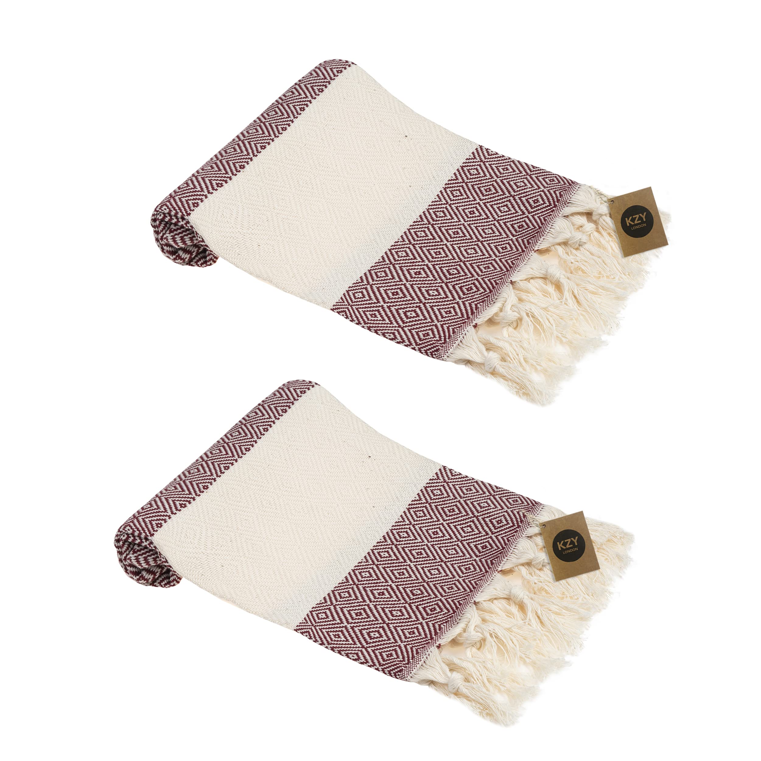 KZY LONDON Turkish Hand Towel Set of 2 - Towel for Kitchen and Bathroom - 50x100cm, 18,5x40 Inches - Prewashed Absorbent Peshtemal Decorative Towel for Face, Hand, Hair, Gym, Travel (Burgundy)