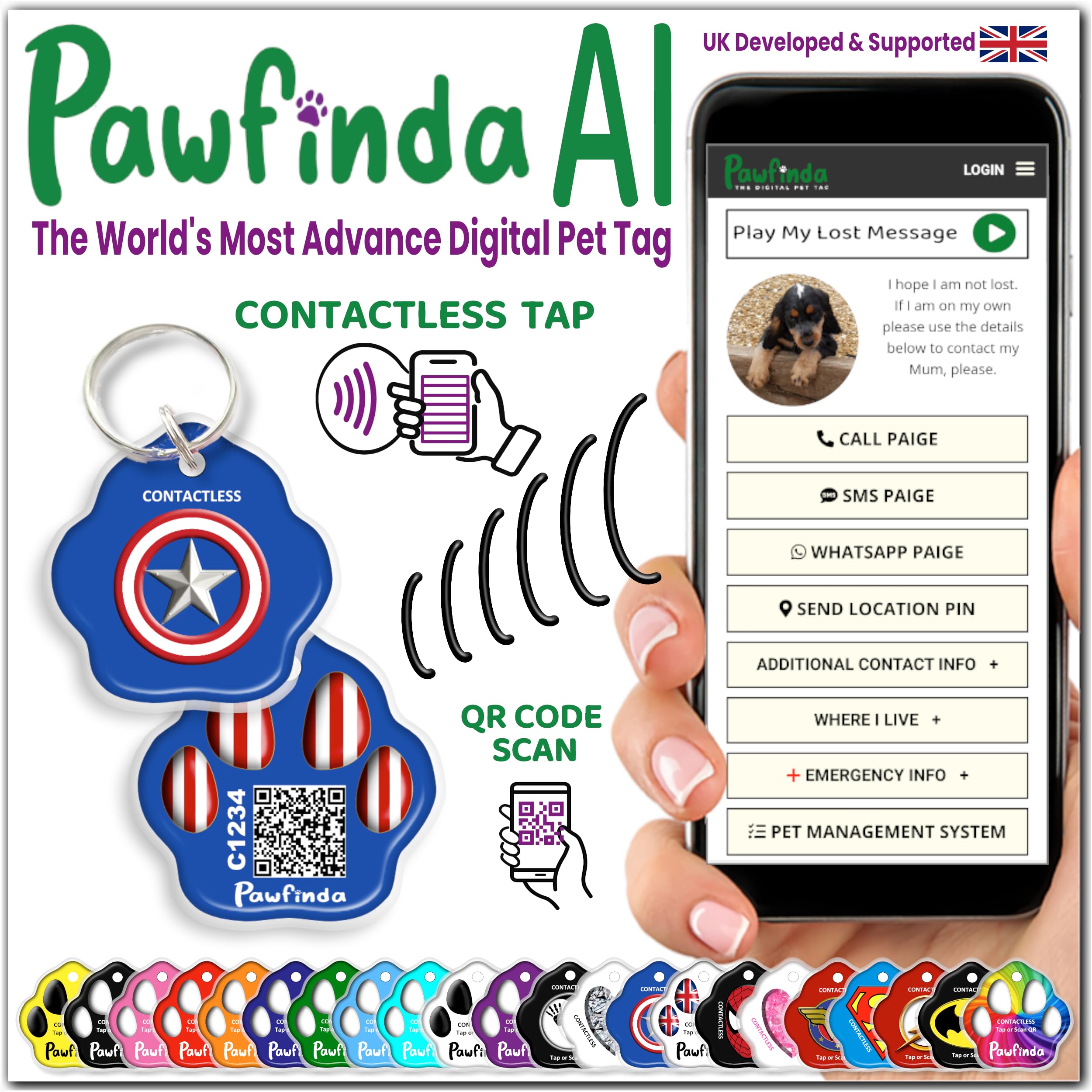 PAWFINDA – Next-Generation Personalised Cat & Dog ID Tag | Engraved Pet Tag with CONTACTLESS NFC, QR Code Technology & PawVoice AI | No App Required | Waterproof & Durable | UK-Based Support