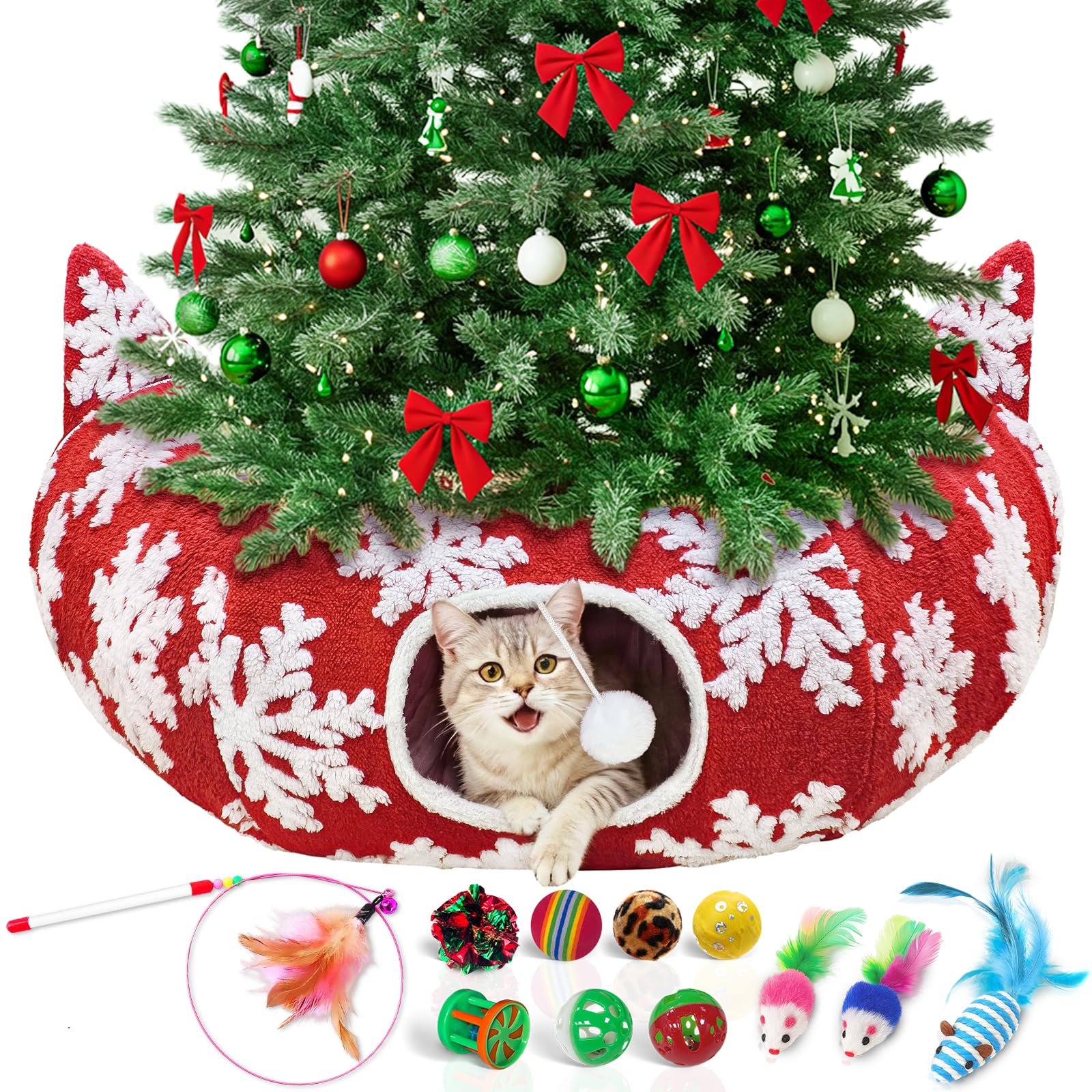 Photo 1 of OurWarm Large Cat Tunnel Bed for Indoor Cats with 11 Toys, Round Donut Cat Cave Under Christmas Tree Skirt, Red Snowflake Christmas Cats Tunnel with Soft Mat Xmas Decor for Kitten, Rabbit, Puppy Play