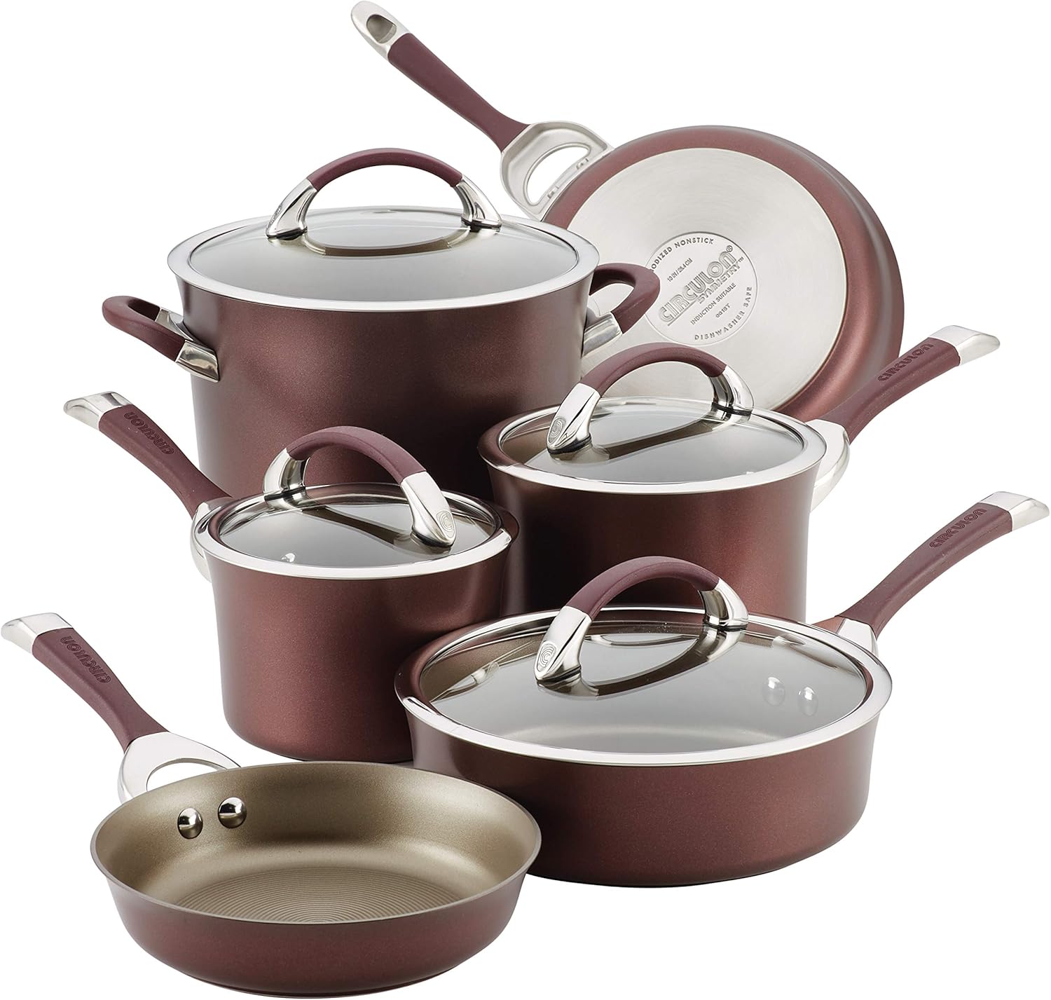 Circulon 87529 Symmetry Hard Anodized Aluminum Nonstick Cookware Set, 10-Piece Pot and Pan Set, Merlot