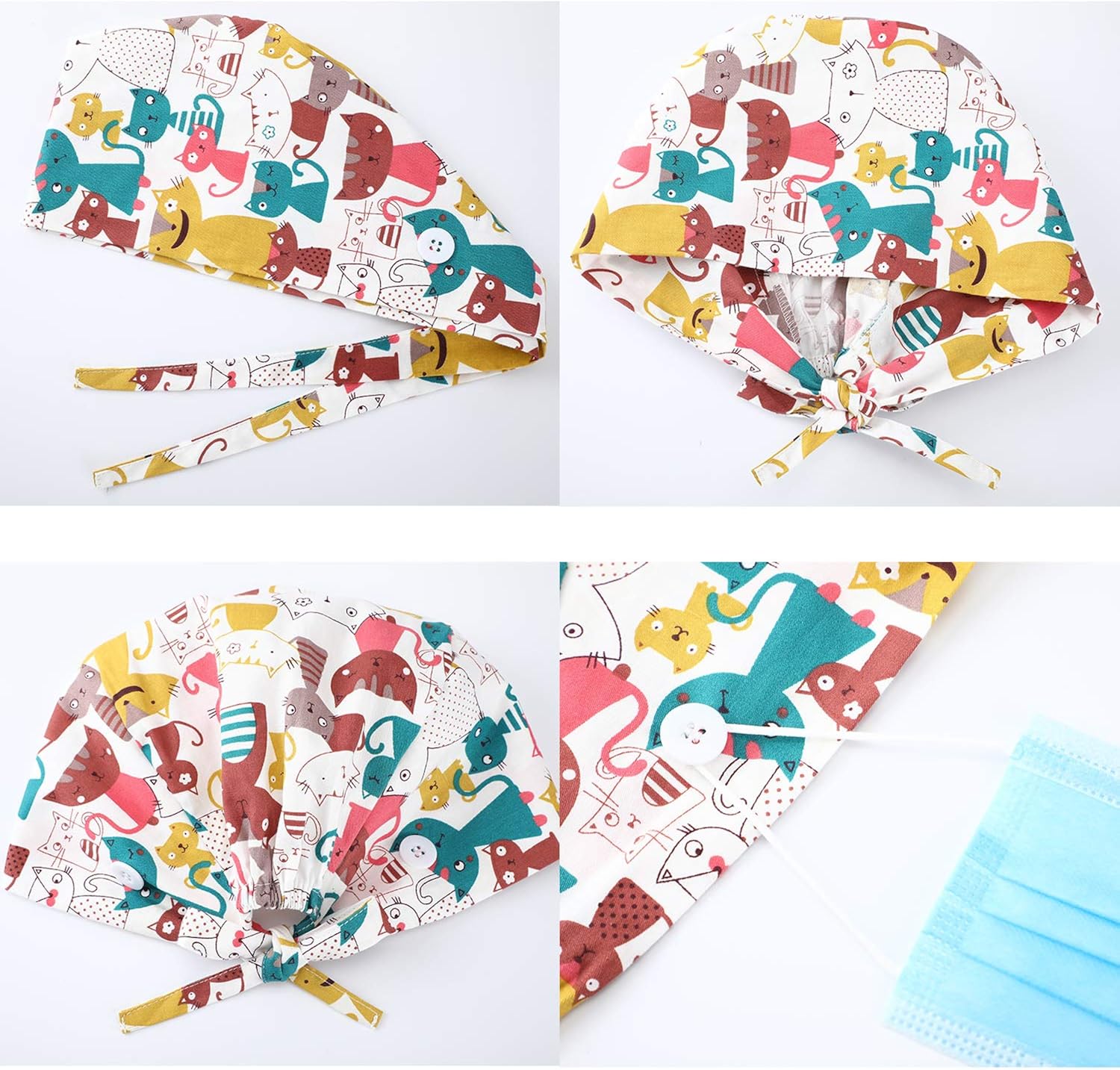 SATINIOR 6 Pieces Working Cap with Sweatband Bouffant Turban Hat with Buttons Tie Back Caps Colorful Printed Adjustable Cap for Men Women Favors: Clothing