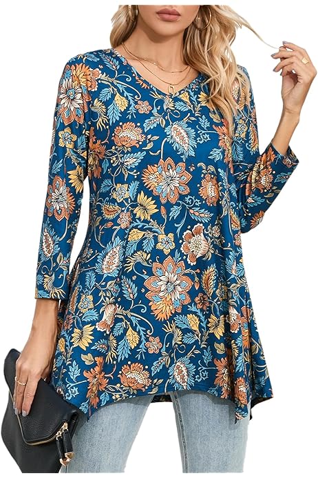 Afibi Women's African Dashiki Top - 3/4 Sleeve Boho Print Tunic Shirt