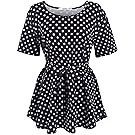 Meaneor Women O-neck Slimming Short Sleeve Smocked Empire Waist Tank Chiffon Print Top Navy Blue Large