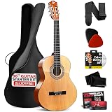 Pyle Beginner Acoustic Guitar Kit, 3/4 Junior Size All Wood Instrument with Full Accessory Kit, Picks, Shoulder Strap, Carry Case, Cleaning Cloth, Tuner App, 2 Month Lessons, 36” (Natural Gloss)