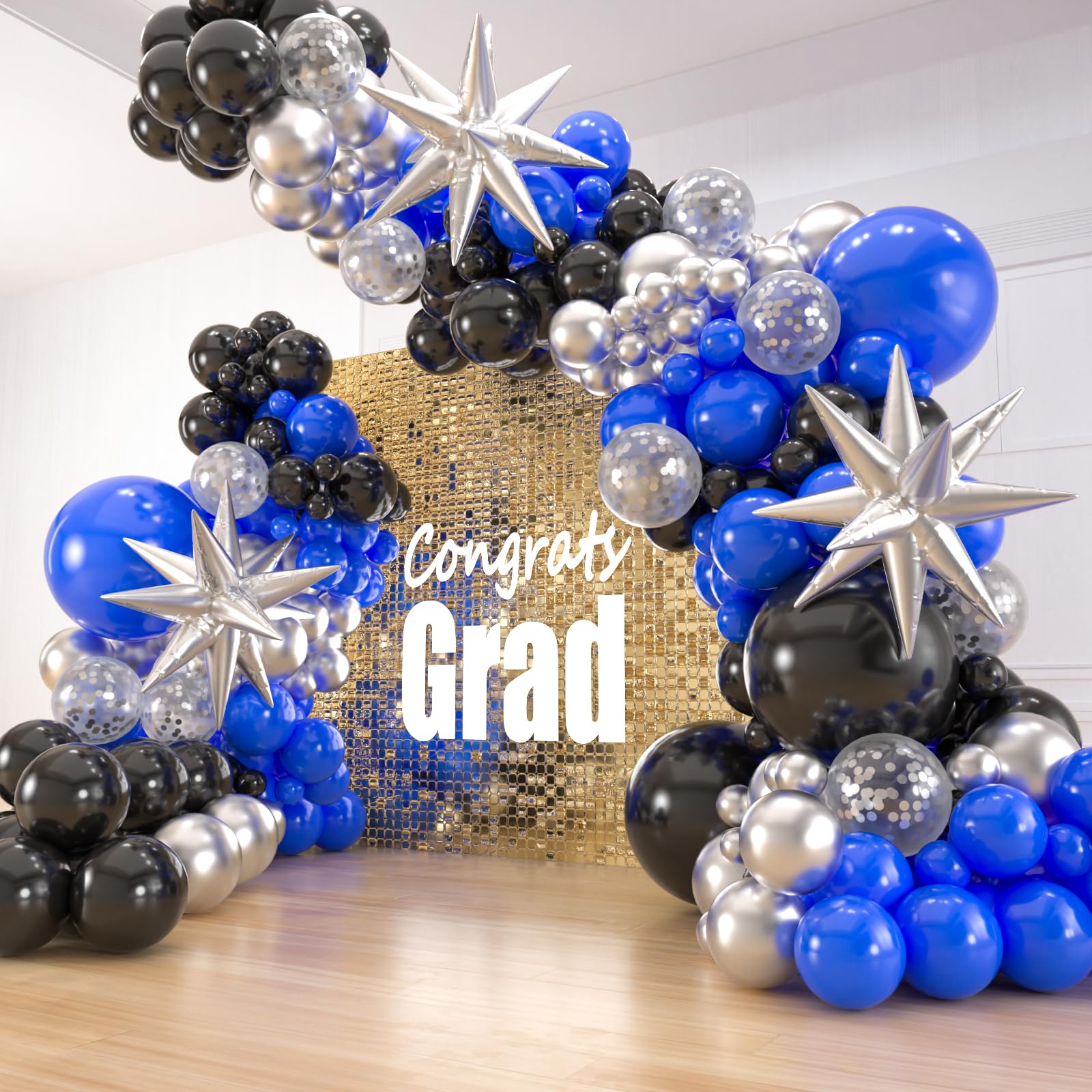 Photo 1 of 141pcs Blue and Black Balloons Garland Arch Kit,18 12 10 5 Inch Black Royal Blue Silver Confetti Balloons with Foil Star for Birthday Class of 2024 Graduation Party Decoration