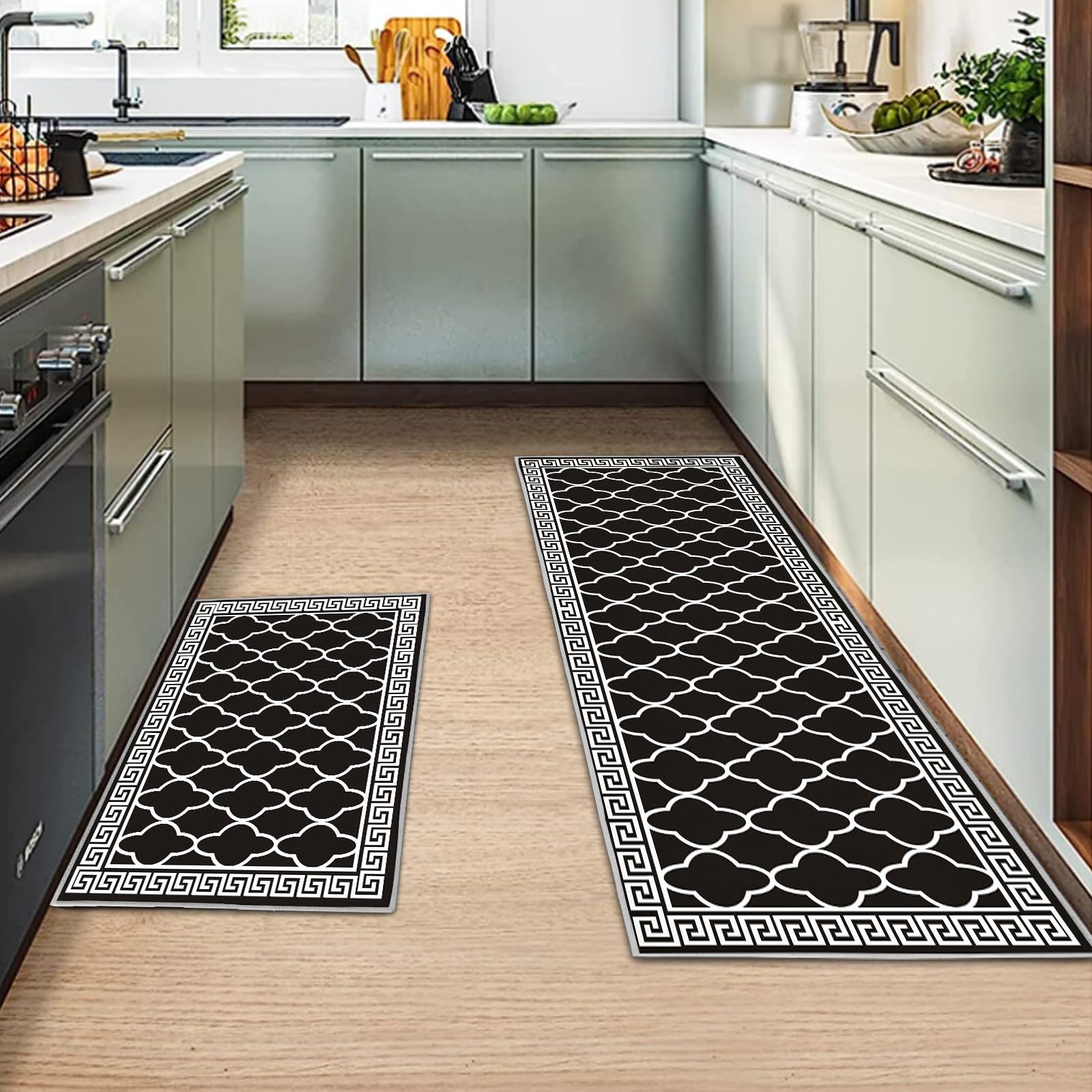 2 Pcs Kitchen Rugs and Mats, Anti Fatigue Kitchen Rug Sets,Comfort Floor Mats Washable Non Slip Kitchen Rug Runner for Office Sink Laundry (Black, 40x120cm+40x60cm)