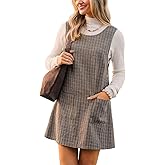 CUPSHE Women's Fall Dresses Houndstooth Pinafore Dress Side Buttons Crewneck Plaid Overall Mini Dress with Pockets