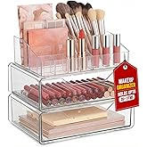 Masirs Clear Makeup Organizer - Acrylic Cosmetic Vanity Storage Organizers for Girls Dresser, Bathroom, Desk Counter - Plastic Make Up Holder, Jewelry Box (2-Drawer | Multi Compartments)