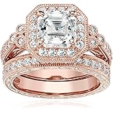 Amazon Essentials Platinum or Gold Plated Sterling Silver Antique Ring set with Asscher-Cut Infinite Elements Cubic Zirconia