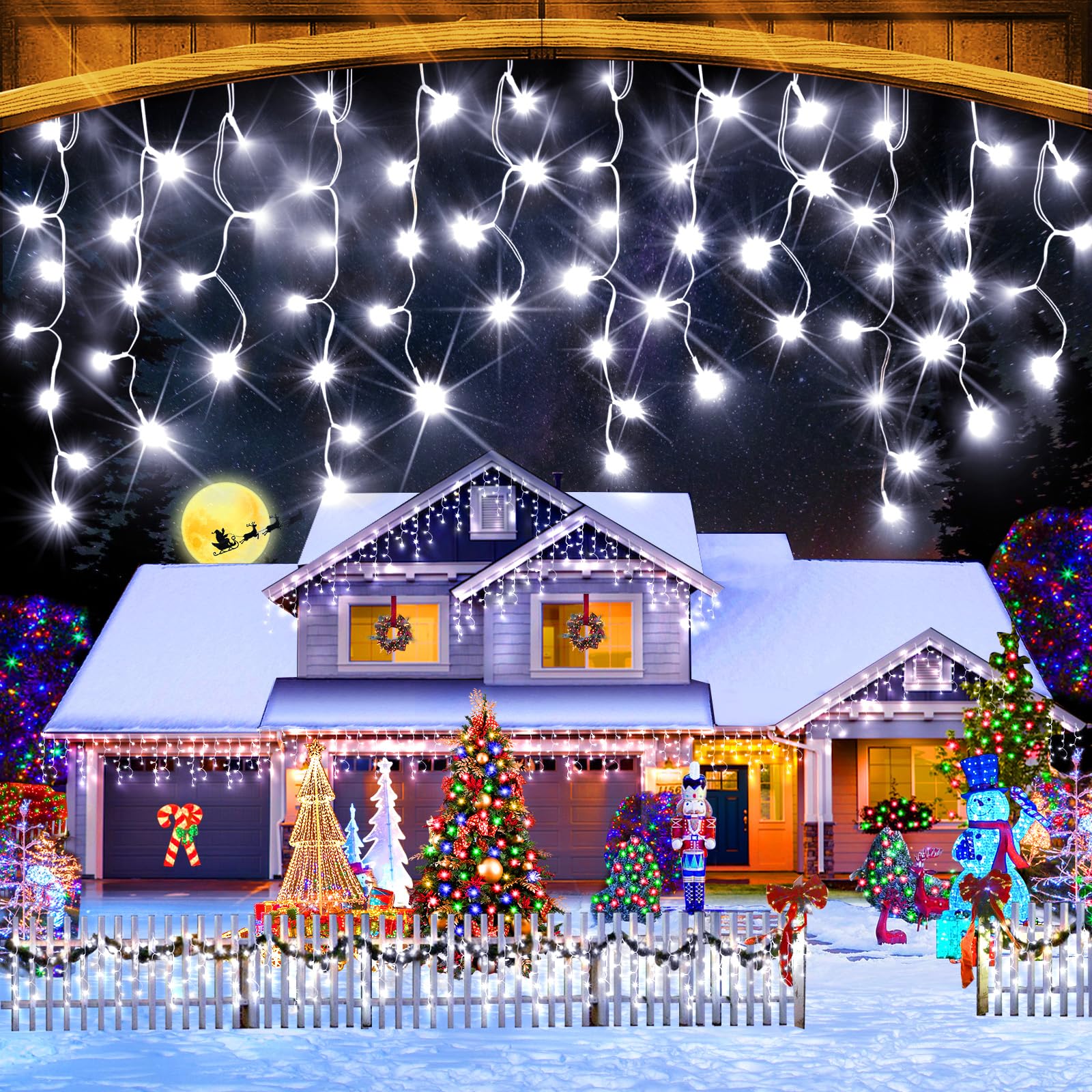 Photo 1 of KNONEW 108ft 960 LED Christmas Lights Outdoor Decorations with 180 Drops, 8 Modes Timer Indoor Curtain Fairy Light, Waterproof LED String Light Decor for Wedding Party Christmas(Cool White)