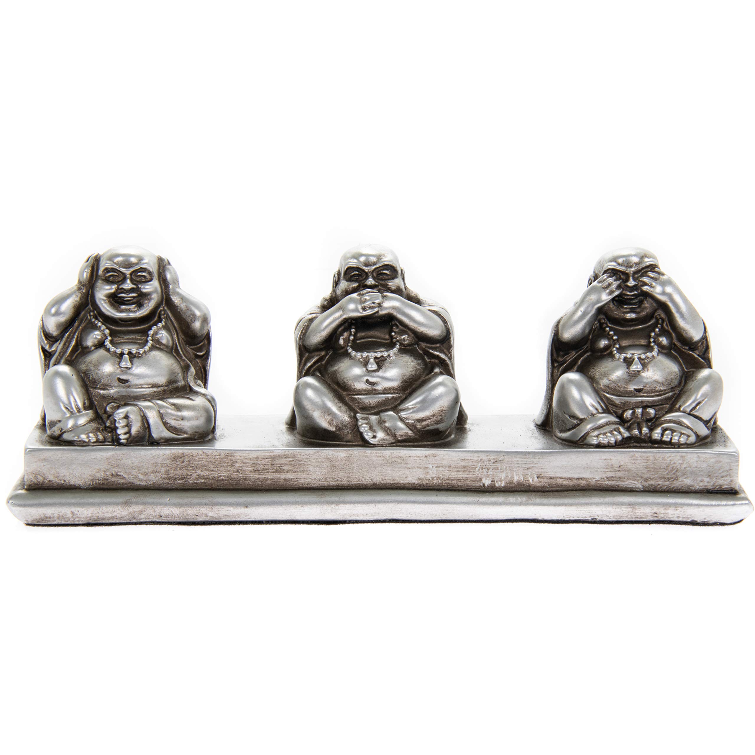 THORNE ANTIQUES AND COLLECTABLES Three Wise Buddhas - See Hear Speak No Evil - Lovely Laughing Buddha Ornament in Antique Silver Colour
