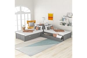 Harper & Bright Designs L-Shaped Platform Bed with Trundle, Wooden Corner Daybed with Storage Drawers and Desk, 3 Beds for Kids Teens Bedroom Furniture (Twin, Gray)