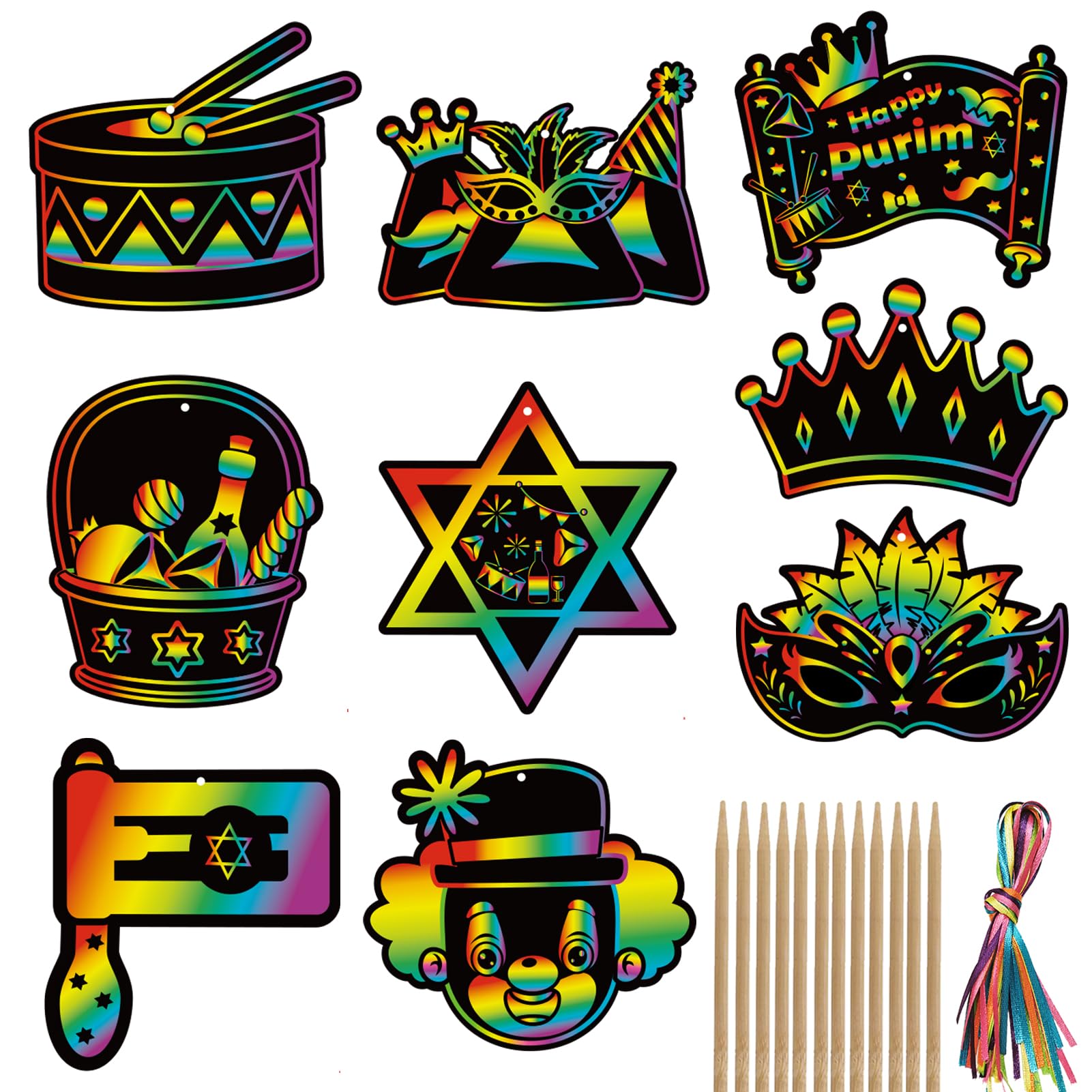 Qpout 36 Packs Purim Day Scratch Paper Art,Rainbow Scratch Off Cards Hanging Ornaments for Purim Jewish Festival Party Favors Supplies DIY Project Activities