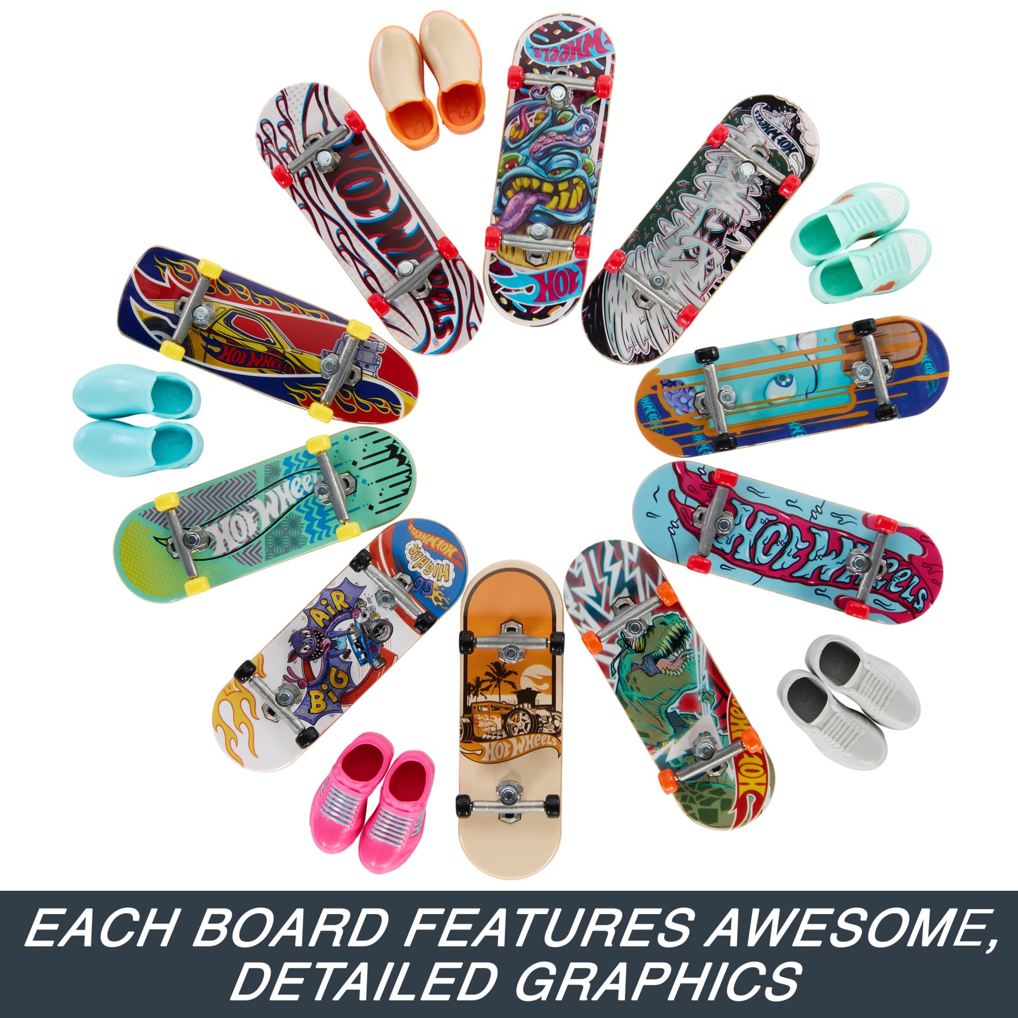 Hot Wheels Skate Fingerboards 10-Pack, Set of 10 Finger Skateboards with 5 Pairs of Removable Skate Shoes for Kids, Hot Wheels-Themed Graphics