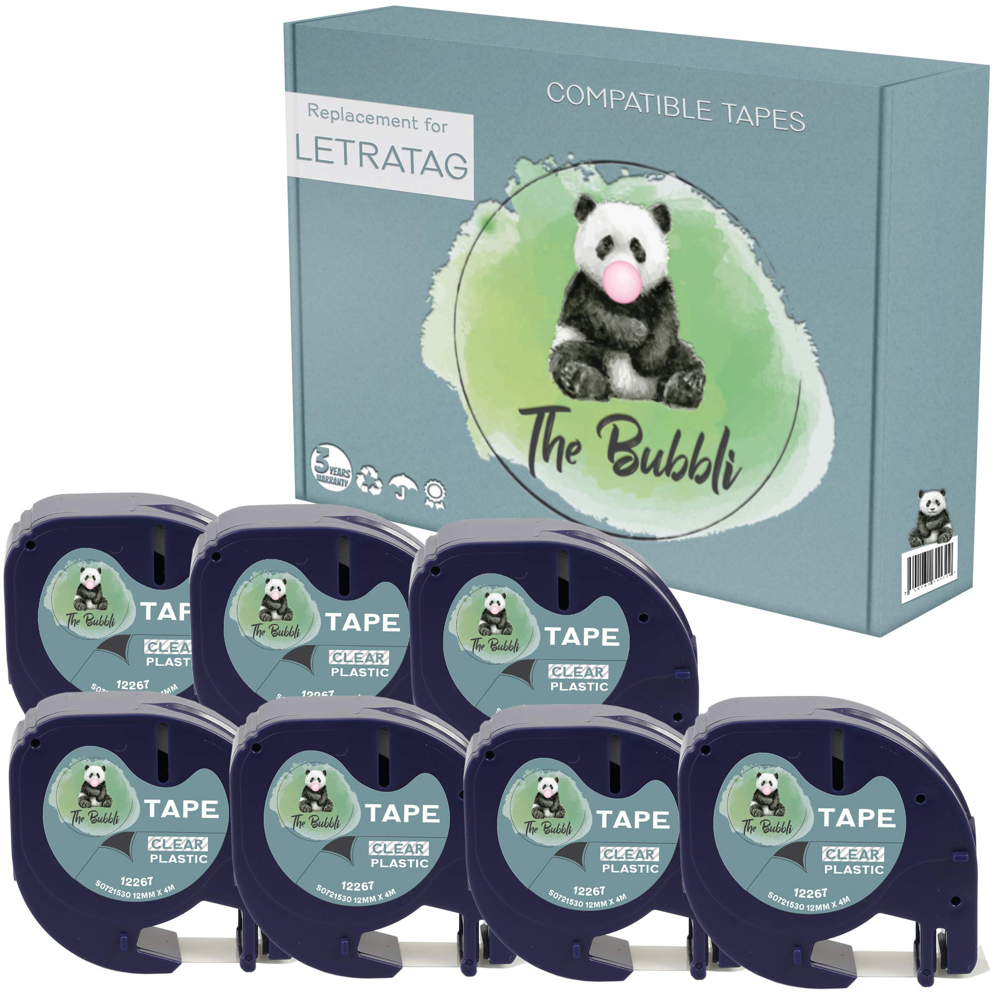 The Bubbli Original | 12267 S0721530 S0721550 Black on Clear Compatible Plastic Label Tapes for DYMO LetraTag LT-100H LT-100T LT-110T QX50 XR XM 2000 Plus (12mm x 4m | 7-Pack)