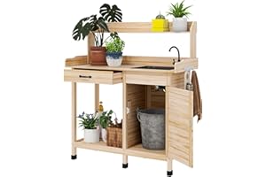 Outsunny Potting Bench Table with Sink, Outdoor Work Bench Table with Storage Cabinet, Hooks, Removable Sink, Faucet and Drawer for Greenhouse, Garden, Patio, Natural Wood