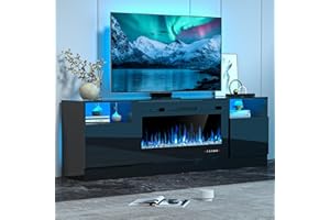 OUTGUAVA Fireplace TV Stand for 80 Inch TV, TV Stand with 36" Fireplace, LED Light Entertainment Center with Storage Cabinets, Media TV Console TV Table for Living Room, Black