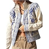 GORGLITTER Women's Bohemian Vintage Graphic Zip Up Cropped Cardigan High Neck Western Long Sleeve Knitwear Tops