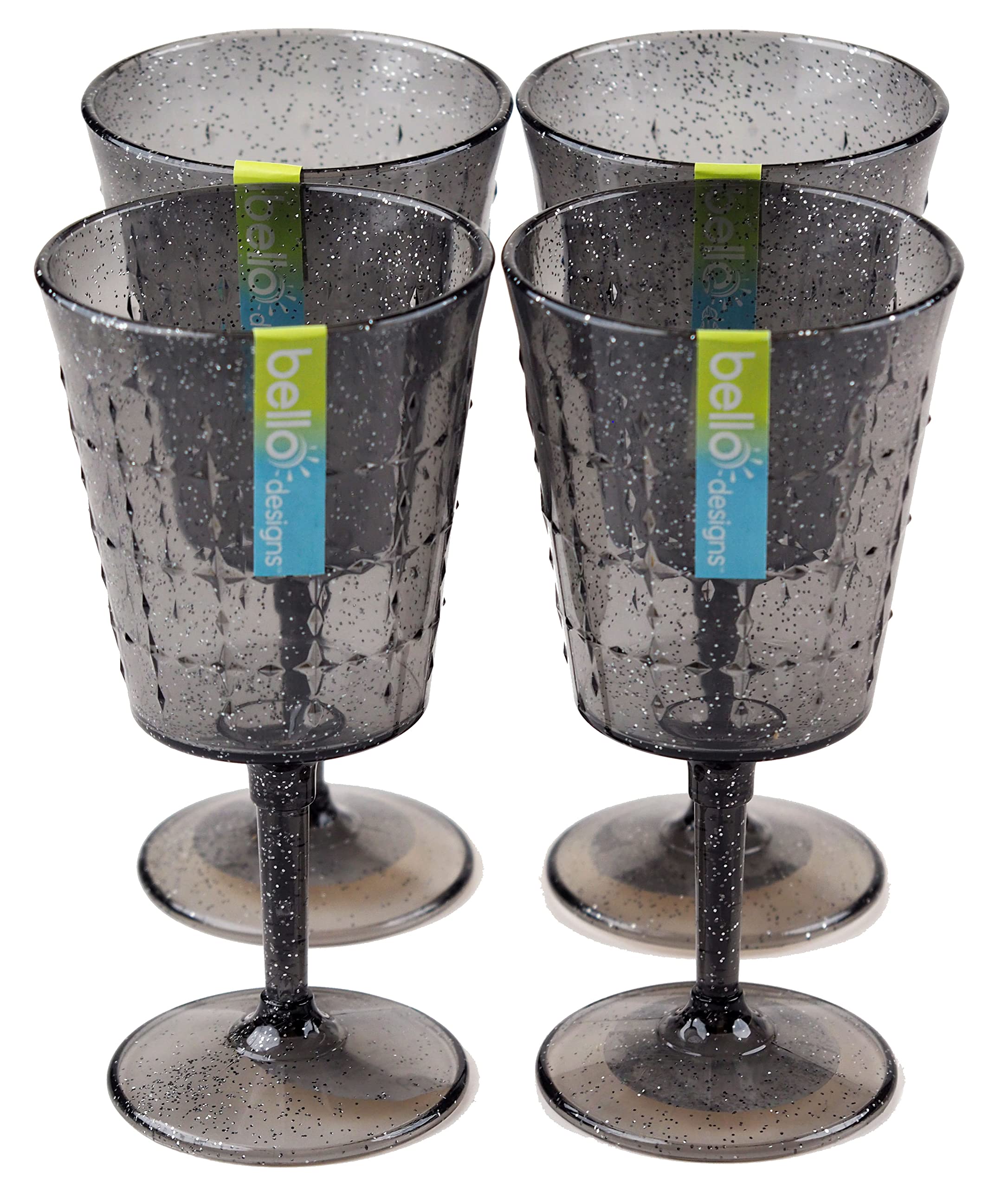 BWG Reusable Plastic Summer Party Design Wine Stem Glasses - Grey Glitter (Set of 4)