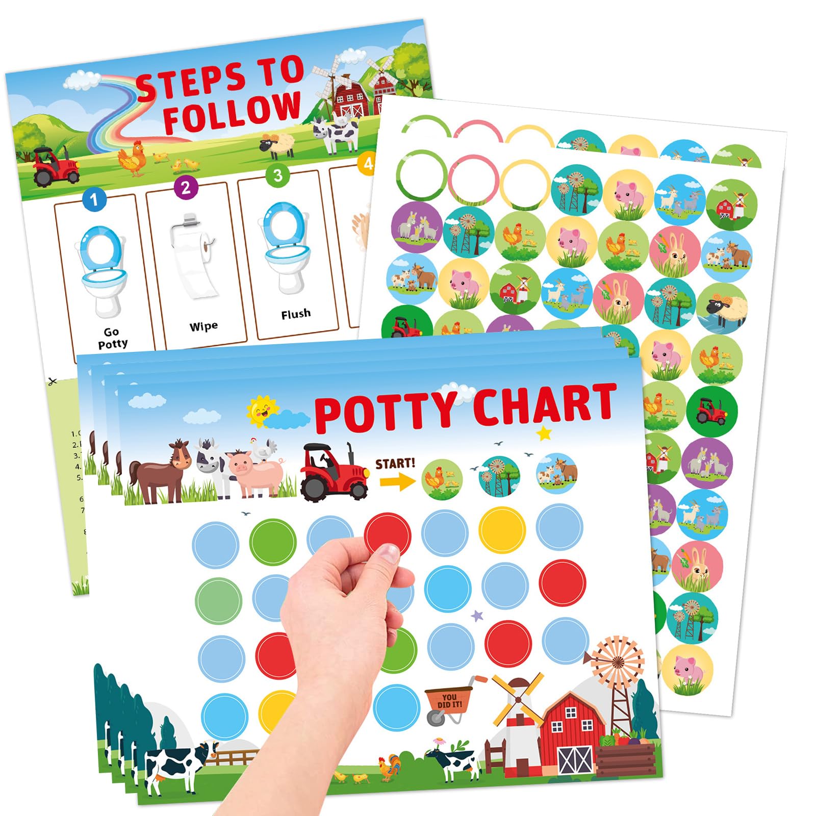 Potty Training Reward Chart, KAMHBE 10 Sheet Potty Training Chart for Toddlers Boys Girls - Farm Potty Chart with Stickers Toilet Training Reward Chart Develop Toileting Habit (Farm)