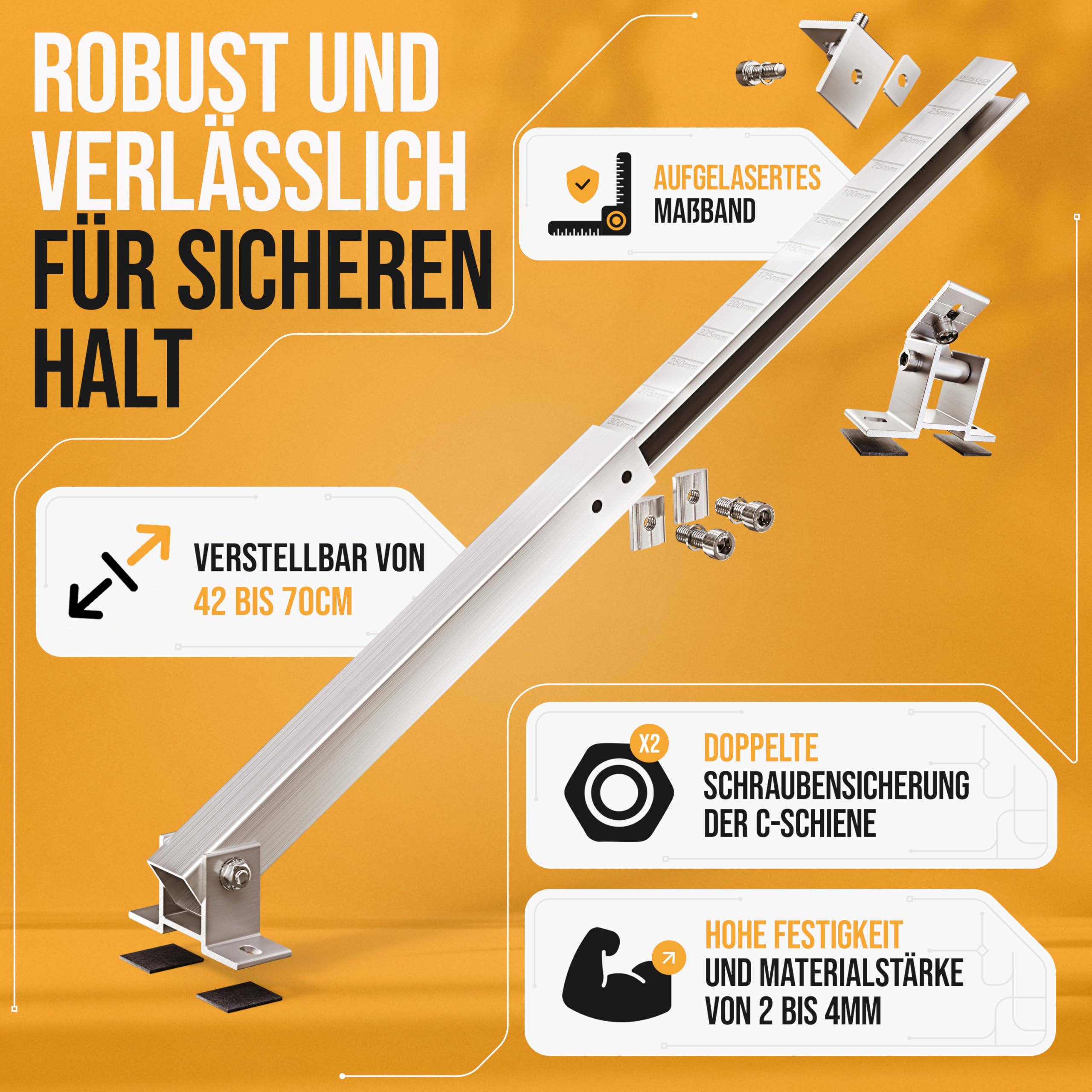 4x Balkonkraftwerk Halterung verstellbar. 0% MwSt. Stabiles Aluprofil mit Edelstahlschrauben. Für Flachdach, Wand etc. Aufständerung für 2x Solarmodule. Verstellbar zwischen 42 und 70cm - Lichtblicker 4