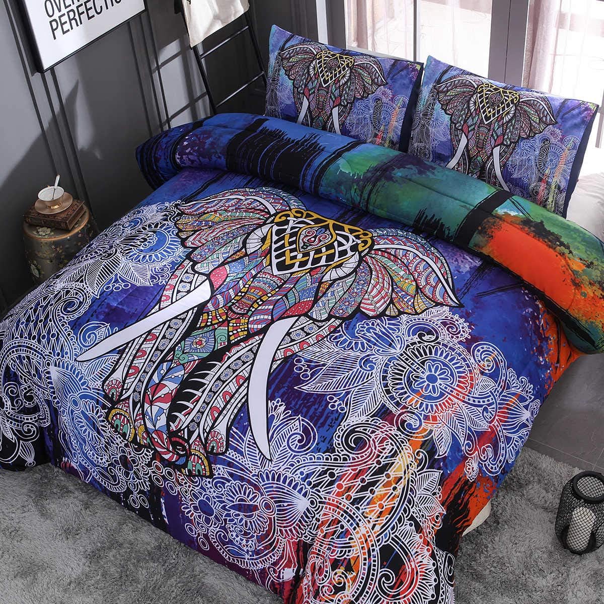 Luxton Bohemian Elephant Duvet Cover Set, 3 Piece Exotic Boho Blue Comforter Cover Set 1 Quilt Cover 2 Pillowcases (King Size)