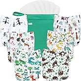 wegreeco Cloth Diapers 6 Pack with 6 Inserts & 1 Wet Bag, Washable Cloth Diapers for Babies, One Size Adjustable Reusable (Forest, Animals)