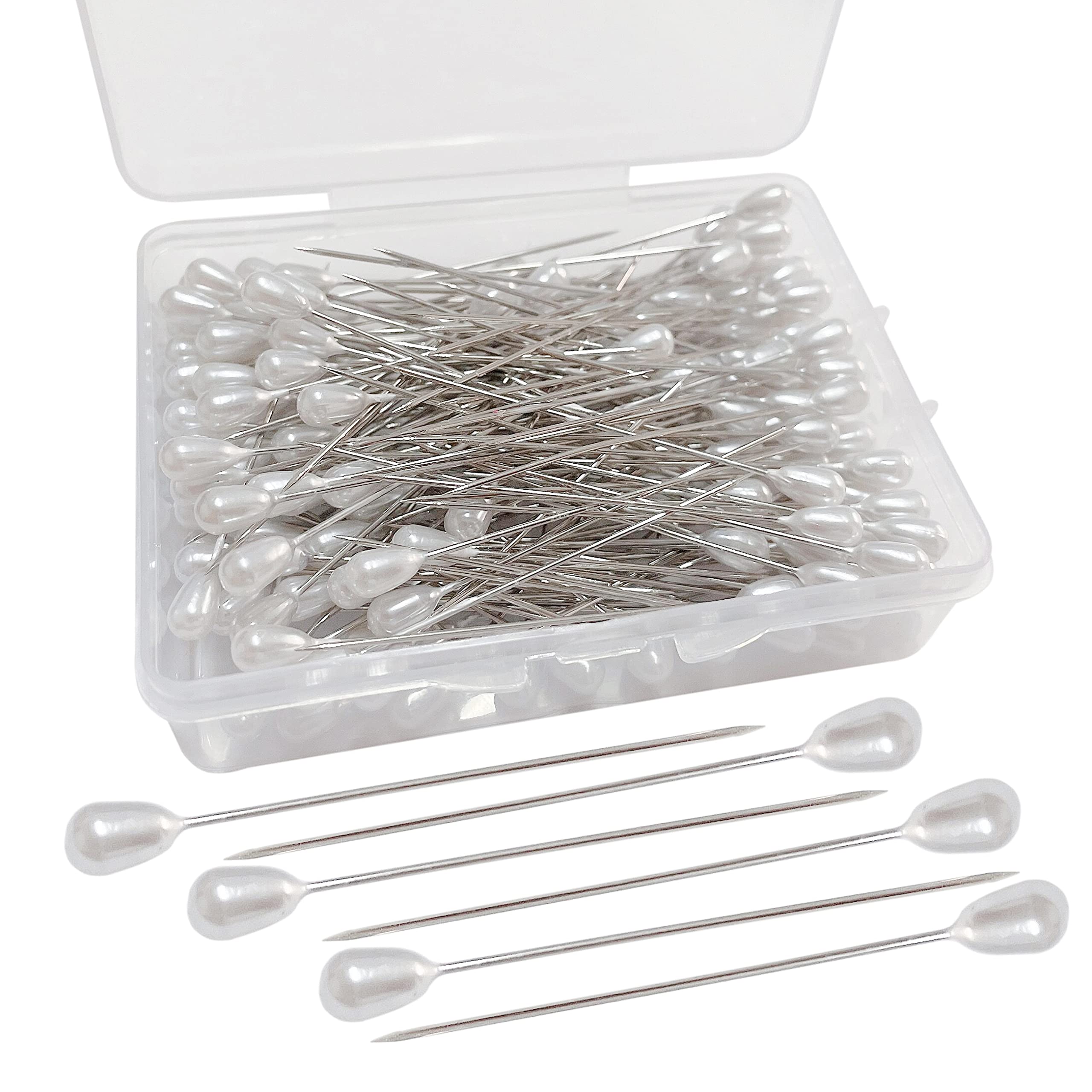 Photo 1 of 100pcs Corsage Boutonniere Pins Teardrop Pearl Head Pins Bouquet White Straight Head Pins for DIY Crafts Jewelry Making Sewing Wedding Flower Decorations