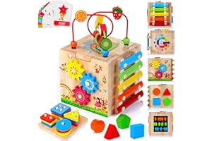 HELLOWOOD Wooden Activity Cube, 8-in-1 Montessori Baby Toys for 1+ Year Old Boys & Girls, Educational Learning Toys for Toddlers Age 1-2, 1st Birthday Gift | Bonus Sorting & Stacking Board