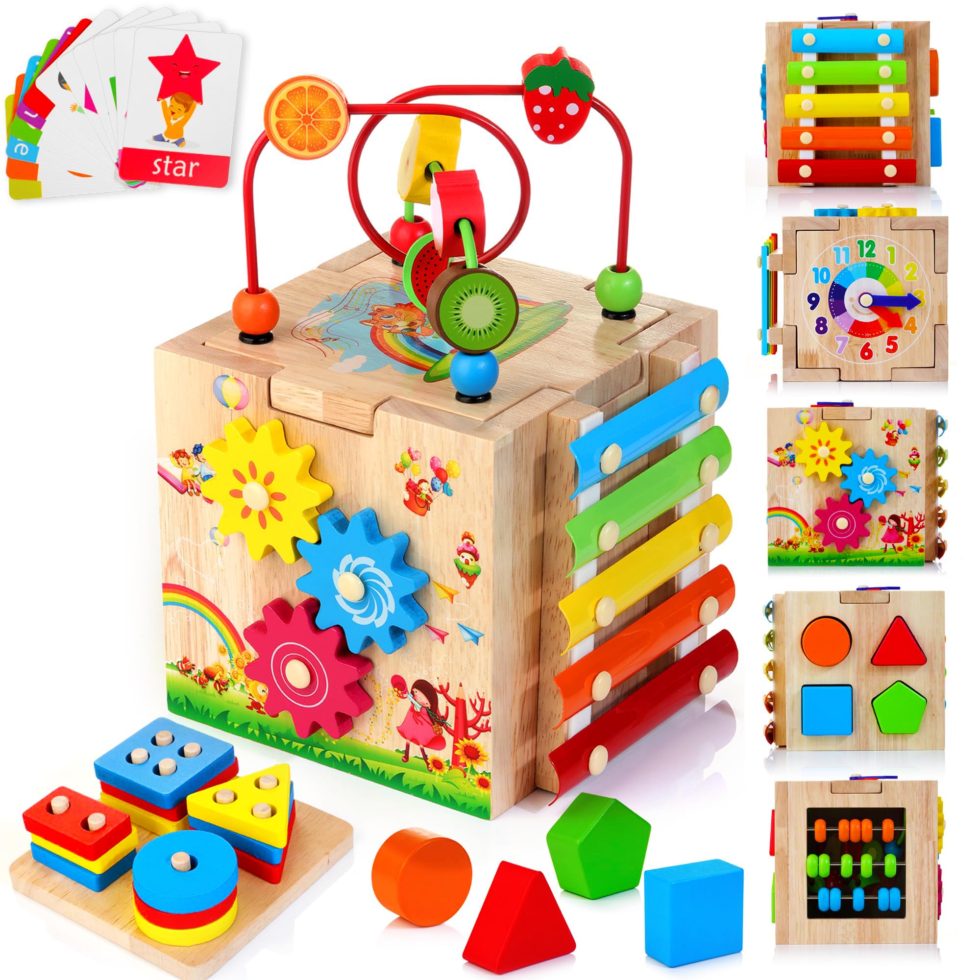 Photo 1 of HELLOWOOD Wooden Activity Cube, 8-in-1 Montessori Baby Toys for 1+ Year Old Boys & Girls, Educational Learning Toys for Toddlers Age 1-2, 1st Birthday Gift | Bonus Sorting & Stacking Board