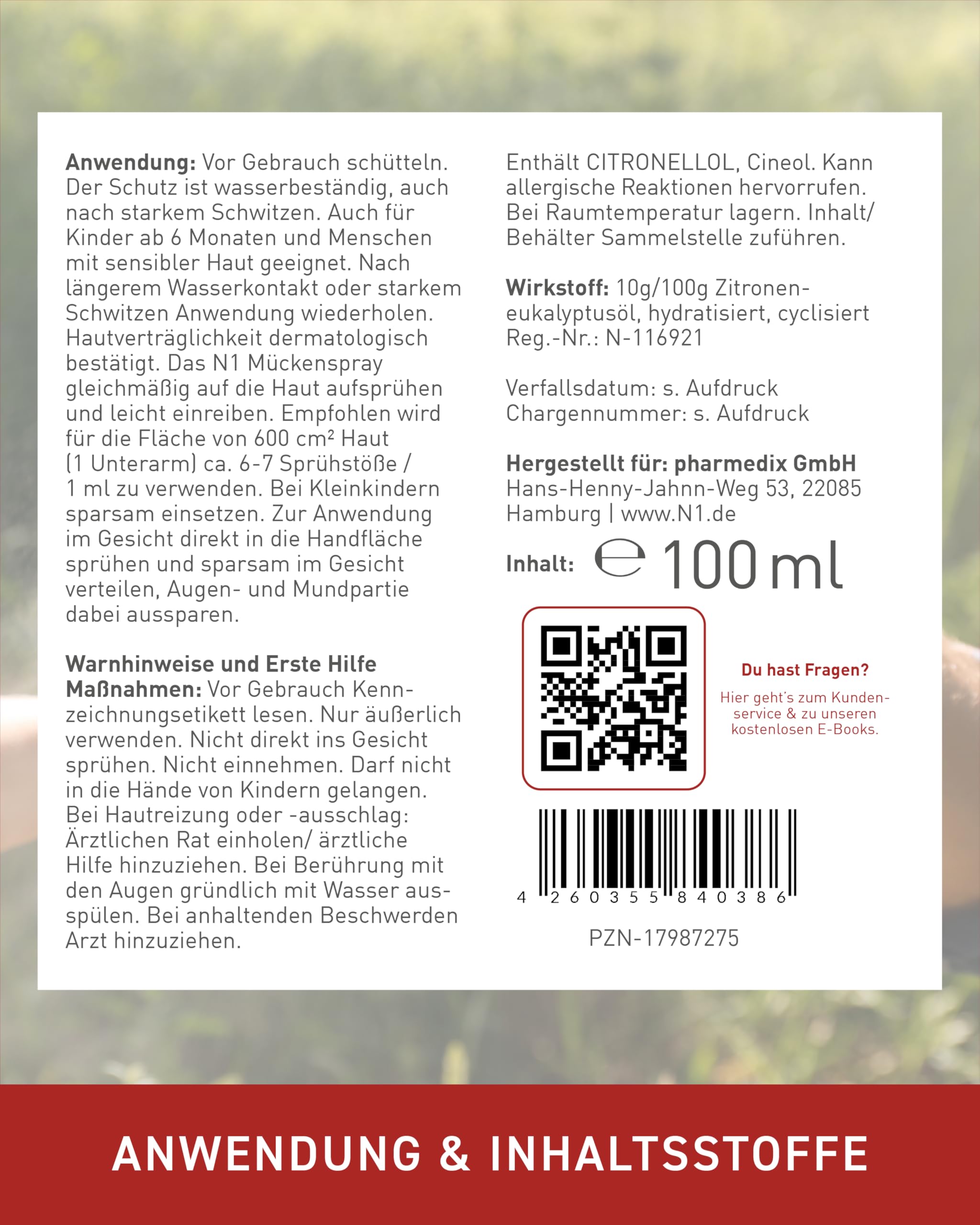 N1 Mückenspray 500 ml - Pflanzlicher Mückenschutz für Erwachsene & Kinder - effektive Mückenabwehr, hautverträglich, wasserfest & schweißresistent - Schutz gegen Mücken & Zecken mit Zitrusduft 6