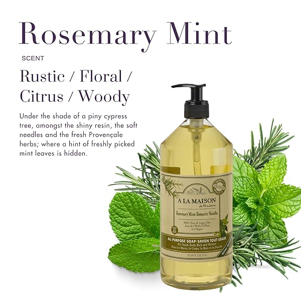 A LA MAISON FRENCH LIQUID HAND SOAP, ROSEMARY MINT – NATURAL HAND WASH MADE WITH ESSENTIAL OILS – BIODEGRADABLE, PLANT-BASED, VEGAN, CRUELTY-FREE, ALCOHOL & PARABEN FREE (33.8 OZ, 1 PACK)