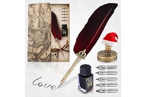 LAGARTO Red Feather Quill Pen and Ink Set - 11.4" Antique Feather Pen and Ink Set with Stainless Steel Nib for Calligraphy Practice, Drawing & Signatures - Designed for Beginners and Calligraphy Enthusiasts