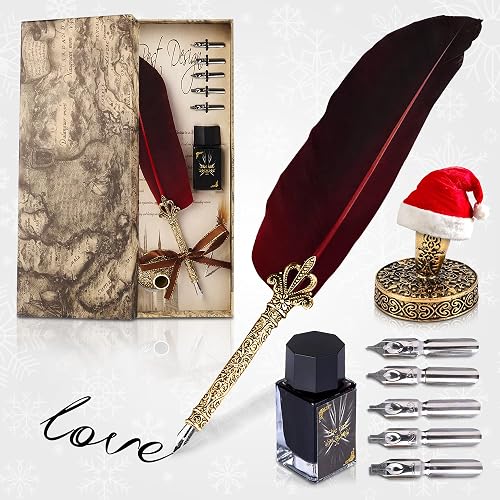 Red Feather Quill Pen and Ink Set - 11.4" Antique Feather Pen and Ink ...