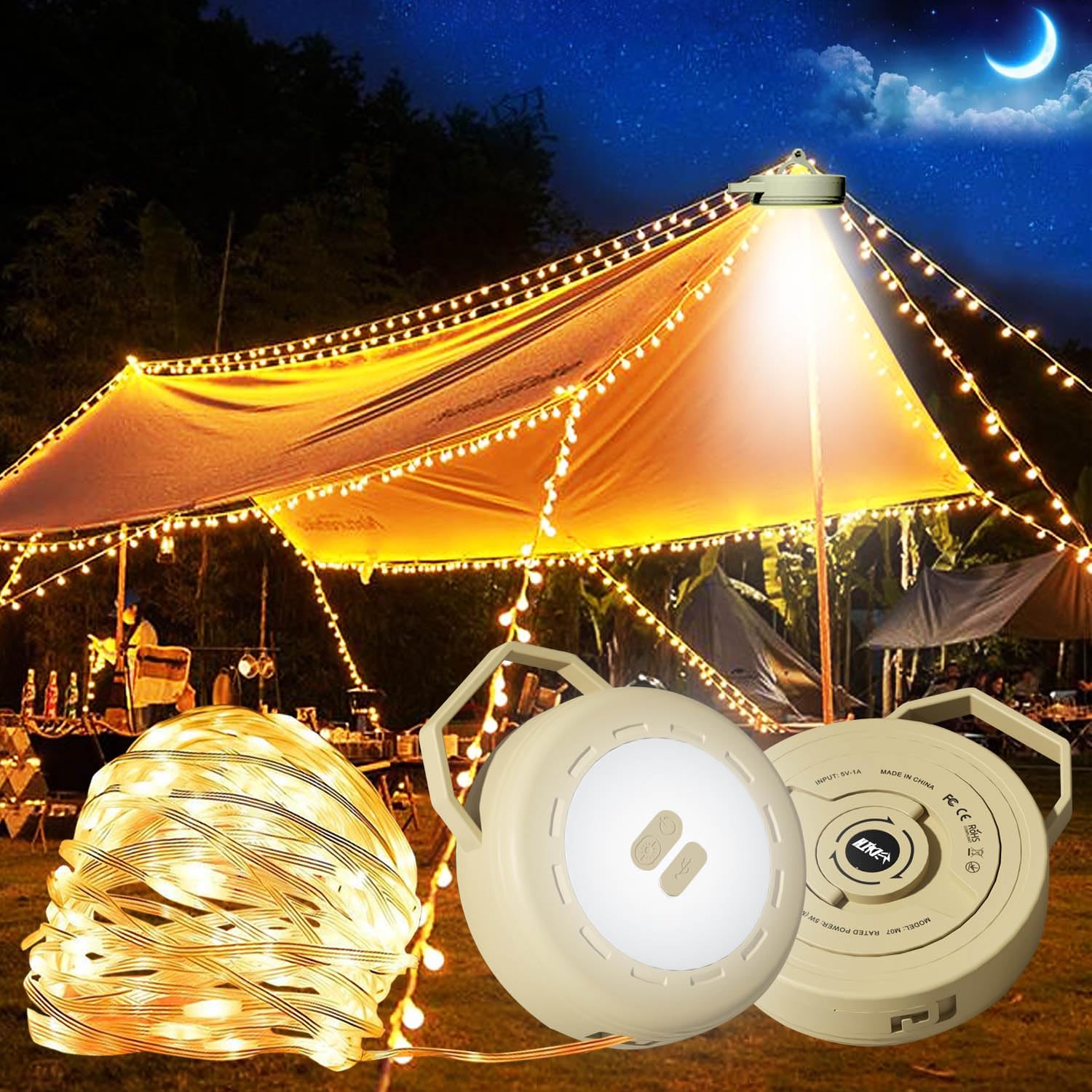 Camping String Lights Reel, Outdoor Portable Stowable String light, 10M Retractable Led Strip Fairy Light, USB Rechargeable Wind Up Tent Lantern for Campsite, Awning, Bedroom, (Khaki, 10M-Warm)