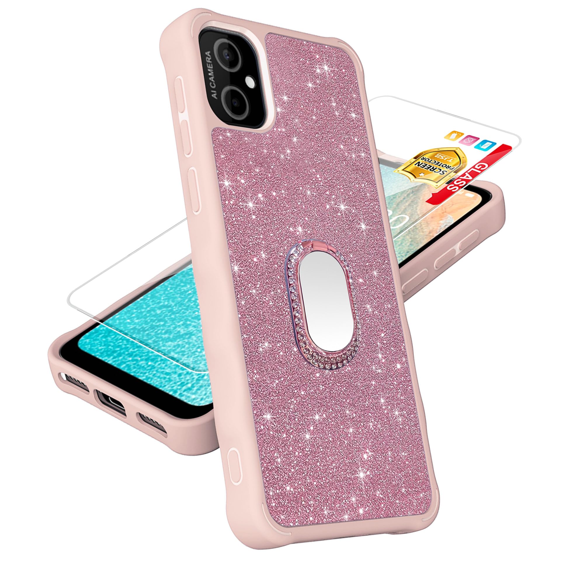 Compatible with HPP-H88C A88C Case [with Tempered Glass Screen Protector][Mirror Ring][Glitter Powder] for Hot Pepper Cascabel Leather Phone Case