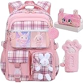 KBGPW Cute Girls Backpack,Rabbit Kids School Backpack with Pencil Case, Elementary School Bag for Girls 5-10 Year Old (Pink-16.5inch)