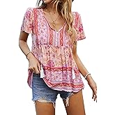 KAYWIDE Women's Floral Print V Neck Ruffle Short Sleeve Summer Shirts Tops Casual Loose Boho Blouses