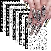 10Pcs Gothic Nail Stickers 3D Self-Adhesive Black White Nail Art Stickers Rose Leaf Snake Moon Star Design Nail Decoration Horror Eyes Nail Decals Flame Butterfly Nail Supplies for Acrylic Nail DIY