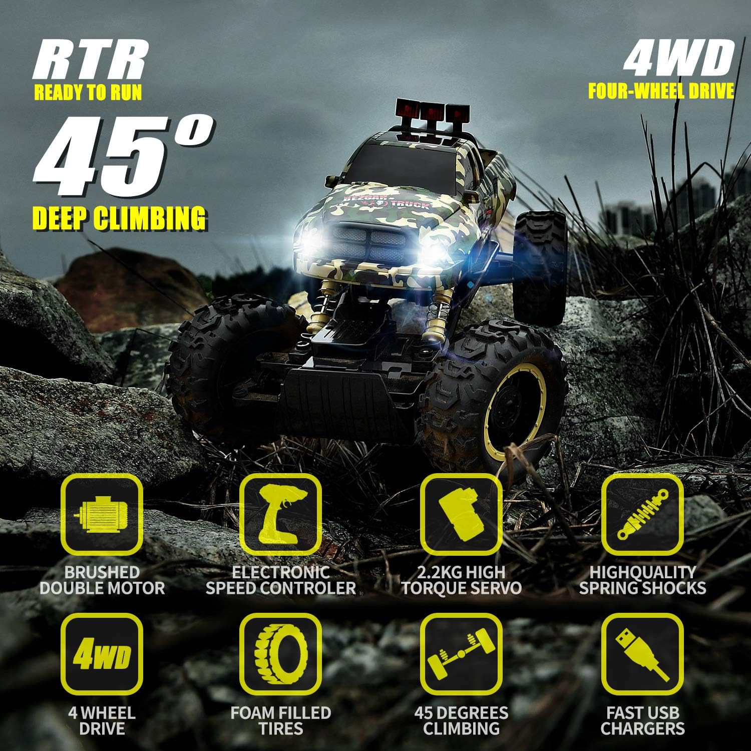 BEZGAR 12 Toy Grade 1:12 Scale Remote Control Crawler, 4WD High Speed 15 Km/h All Terrains Electric Toy Off Road RC Monster Vehicle Truck Car with Rechargeable Batteries for Boys Kids Teens and Adults: Toys & Games