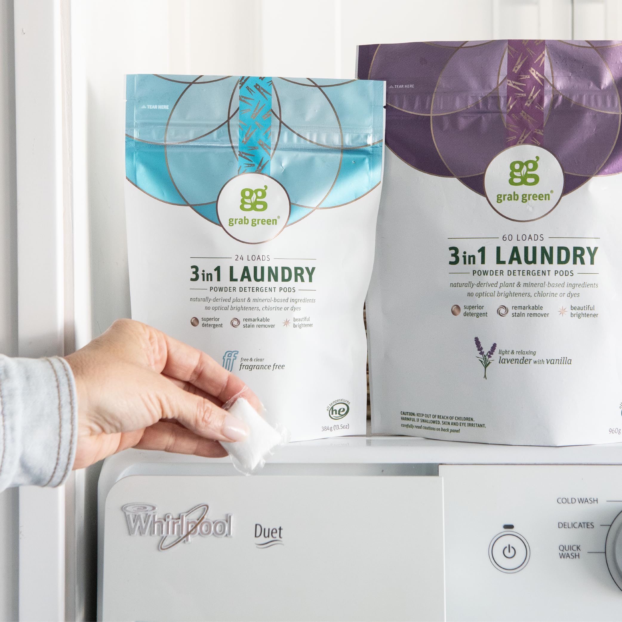 Grab Green 3-in-1 Laundry Detergent Pods, 60 Count, Lavender Vanilla Scent, Plant and Mineral Based, Superior Cleaning Power, Stain Remover, Brightens Clothes