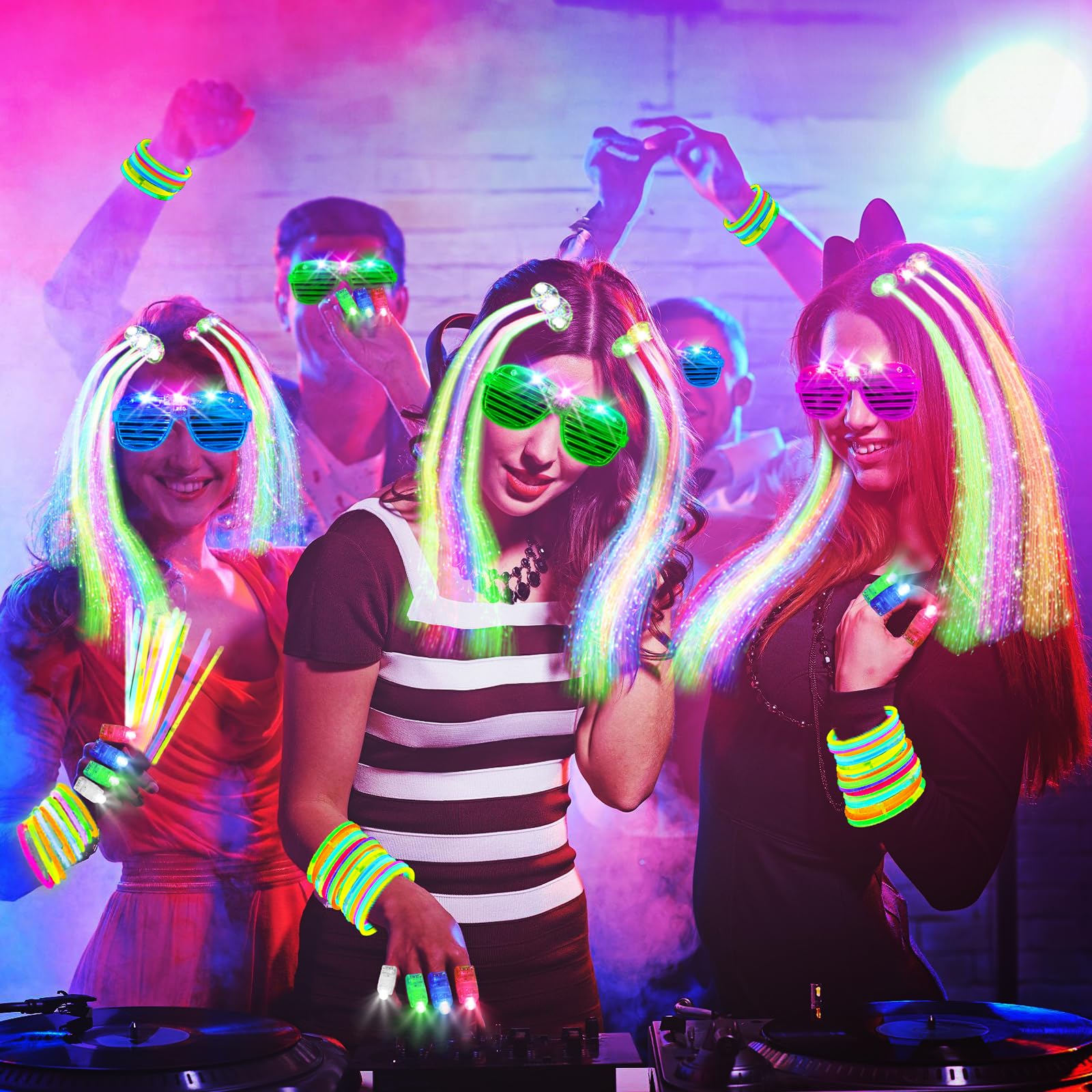 158 PCS Glow in the Dark Halloween Party Supplies, 14PCS LED Glasses, 30LED Finger Lights, 14LED Light Hairs and 100PCS Glow Sticks Bracelets, Neon Party Favors for Wedding,Concert, Birthday
