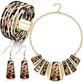 Junkin 3 Pieces Leopard Necklace Earrings Bracelets Leopard Jewelry Set for Women Bohemia Cheetah Print Safari Theme Multi Layer PU Leather Wrist Cuff Wrap Gift Accessories