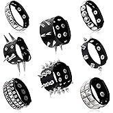 LOAYHOAY 8PCS Spiked Studded Bracelets Cuff for Men Women Black Punk Goth Leather Bracelet Emo Rivet Bracelet Adjustable Rock Pop 80s 90s Retro Button Metal Wrap Wristbands Halloween Accessories