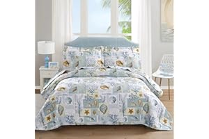 Ycosy Coastal Quilt Set King Size Ocean Themed Bedding Summer Beach Quilts Set Lightweight Reversible Bedspread Coverlets Seashell Starfish Seaweed Bed Spread Soft Home Bed Cover with 2 Pillow Shams