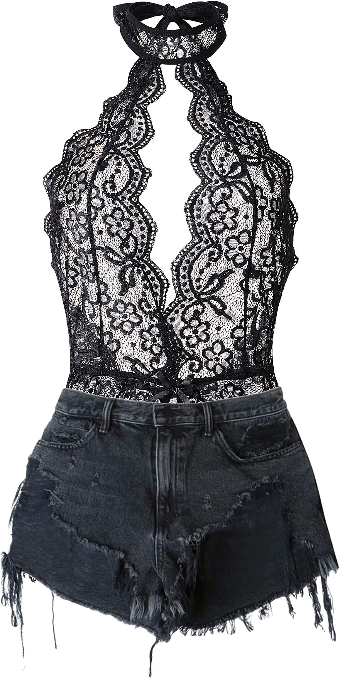 LALAVAVA Lingerie for Women Floral Lace Halter One Piece Bodysuits