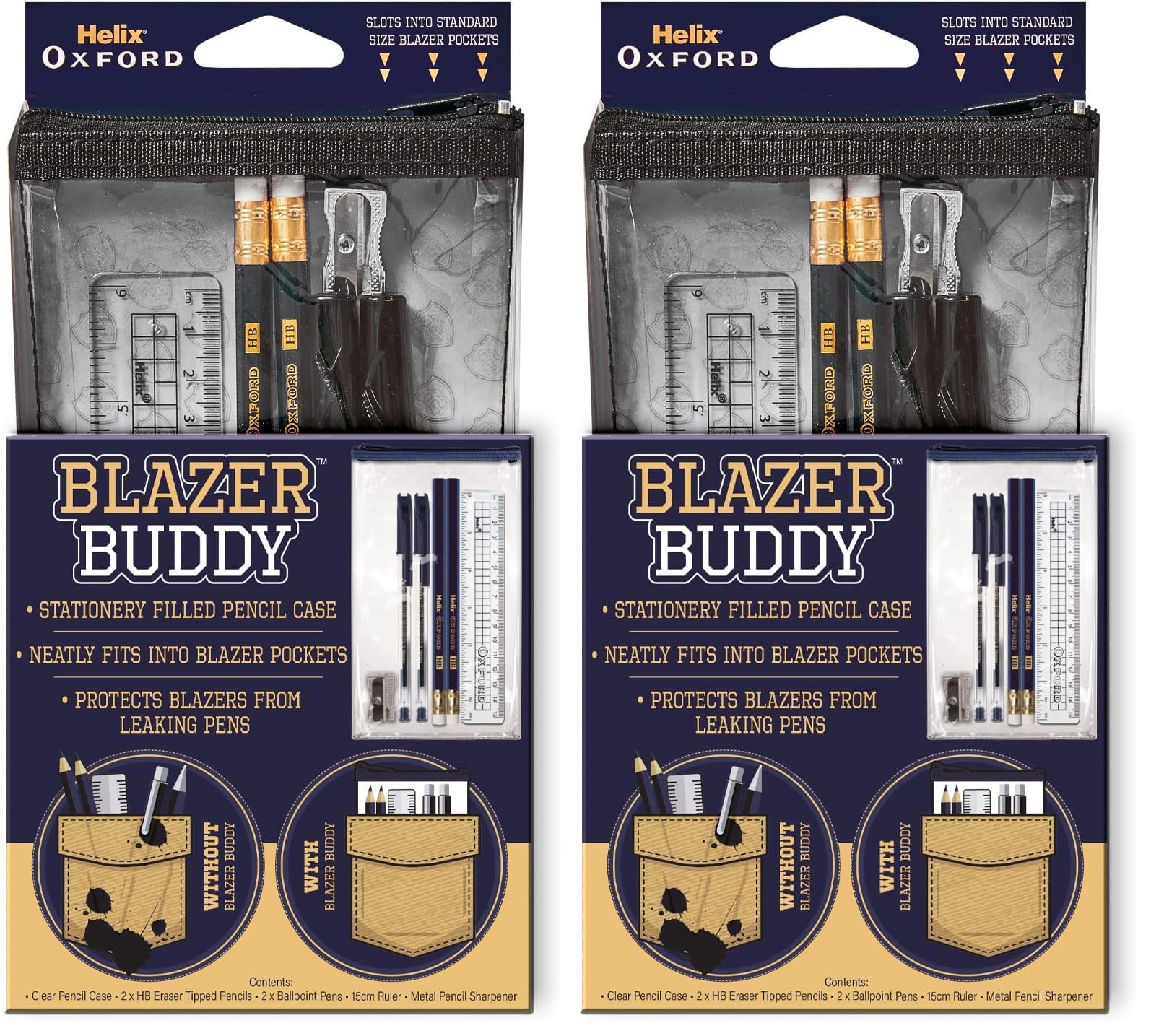 Helix Oxford Blazer Buddy Essential Stationery Set with Compact Clear Pencil Case Fits in School Blazer Pocket 981805 (Pack of 2) โ image 1