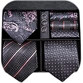 Hi-Tie 3 Pcs Gift Box Mens Tie Set Necktie with Pocket Square Cufflinks Lapel Pin Silk Neck Tie Collection